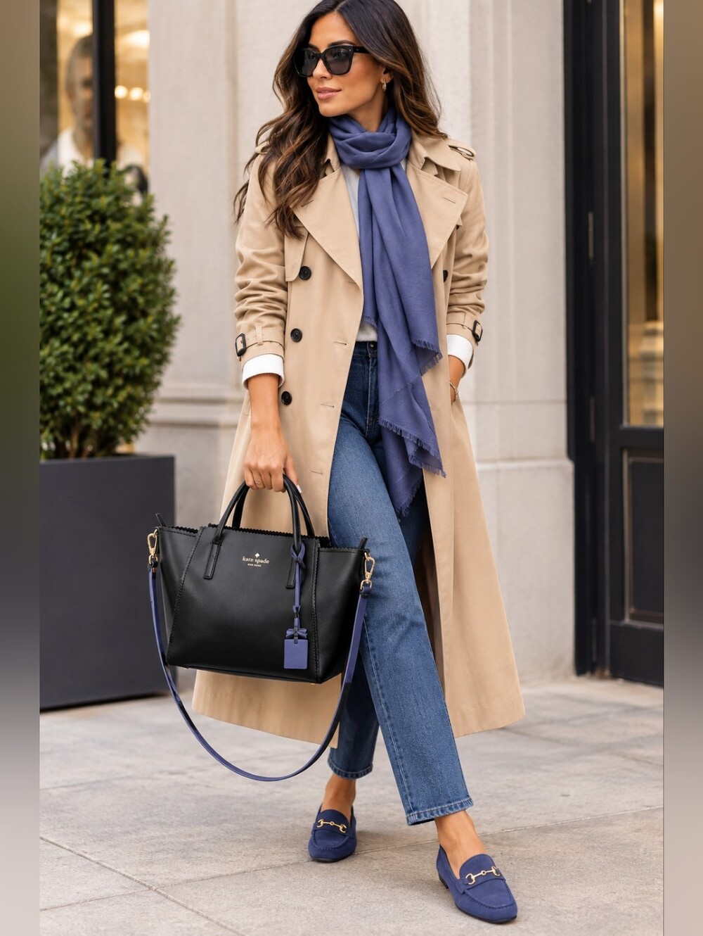 Kate Spade Black Leather Tote with Navy Trim